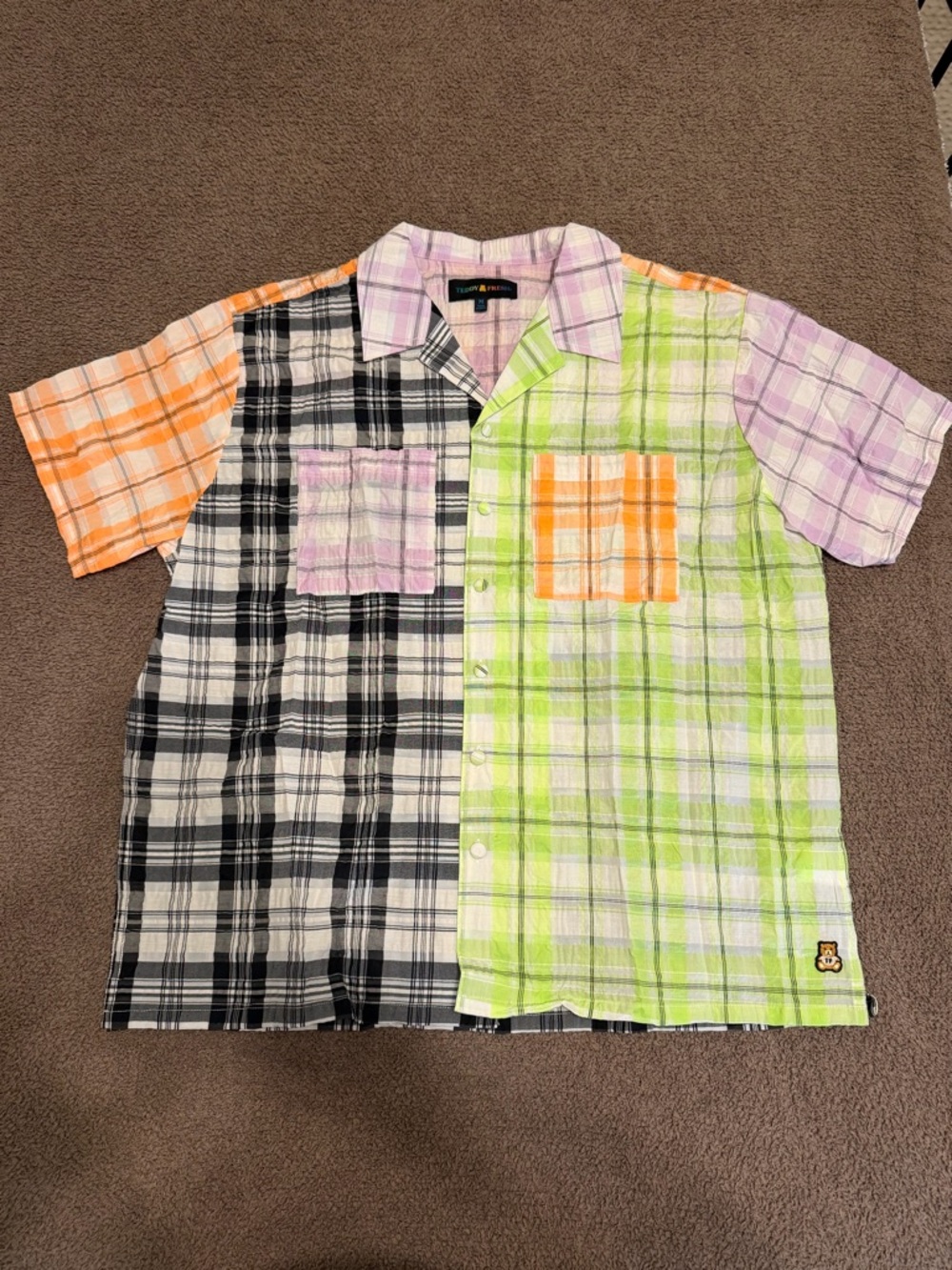 Teddy Fresh Multicolor Patchwork Plaid Shirt in Black, Lime, Orange & Lilac